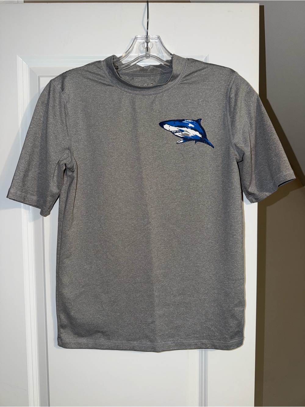 Men's Youth Gray Performance Swim T-Shirt with Blue Shark Graphic